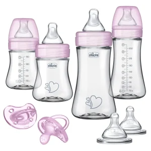 Hybrid Baby Bottle Set: Glass Inside, Plastic Outside, Dishwasher & Sterilizer Safe, Clear/Pink