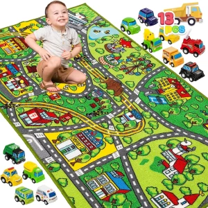 JOYFY Carpet Playmat w/ 12 Cars Pull-Back Vehicle Set for Kids