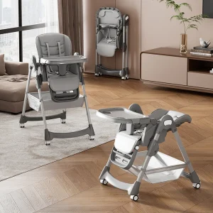 PU Leather Baby High Chair with Locking Wheels